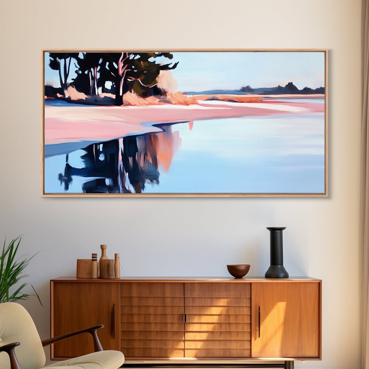 Lakeside Reflection, Serene Landscape Art, Nature Wall Print, Calm Waters Artwork, Zen Tranquility Decor, Office Canvas Print