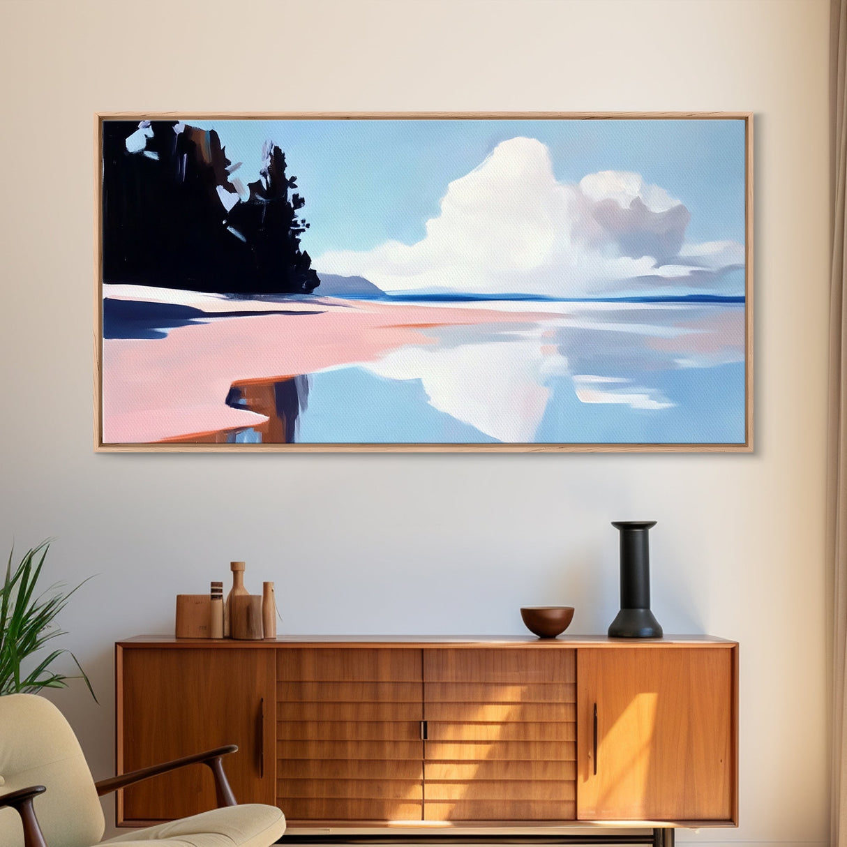 Cloudy Seascape Reflection, Tranquil Coastal Print, Minimalist Ocean Decor, Soft Pastel Landscape, Zen Home Art, Bedroom Framed Canvas Print