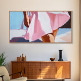 Flowing Summer Dress, Feminine Boho Art, Elegant Beach Print, Fashion Aesthetic Decor, Soft Pastel Painting, Bedroom Framed Canvas Print