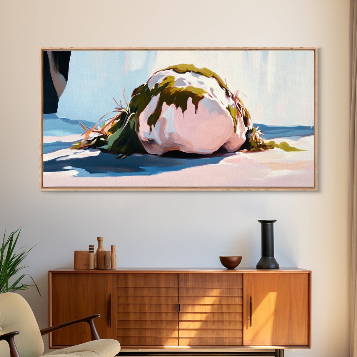 Mossy Rock on Beach, Nature Coastal Art, Earthy Seaside Print, Tranquil Zen Decor, Organic Minimalist Aesthetic, Living Room Canvas Print