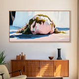 Mossy Rock on Beach, Nature Coastal Art, Earthy Seaside Print, Tranquil Zen Decor, Organic Minimalist Aesthetic, Living Room Canvas Print