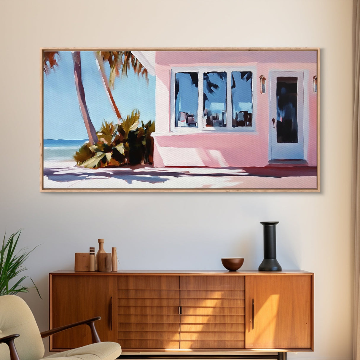 Seaside Cottage, Beach House, Coastal Living, Palm Trees, Ocean Breeze, Tropical Getaway, Minimalist Art, Nautical Theme, Canvas Print