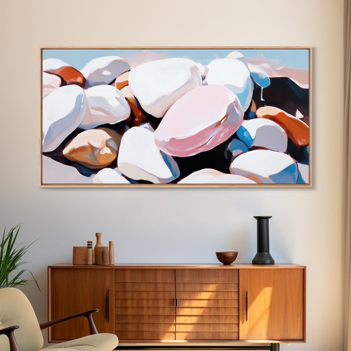 Smooth Stones, Pebble Beach, Coastal Art, Framed Canvas Print, Neutral Home Decor, Minimalist Style, Nature Inspired, Spa Wall Art