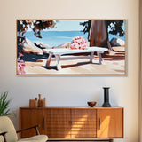 Beach Picnic, Seaside Dining, Summer Wall Art, Framed Canvas Print, Coastal Decor, Relaxing Atmosphere, Kitchen Art, Nautical Aesthetic