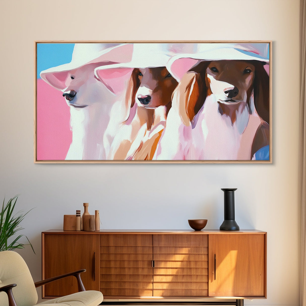Stylish Dogs, Trendy Animal Art, Pink Aesthetic Print, Modern Pet Portrait, Whimsical Wall Art, Playful Decor, Framed Canvas Print