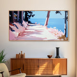 Sunlit Pathway, Serene Nature Art, Forest Trail Print, Pink Blue Landscape, Scenic Wall Decor, Calm Aesthetic Home, Framed Canvas Print
