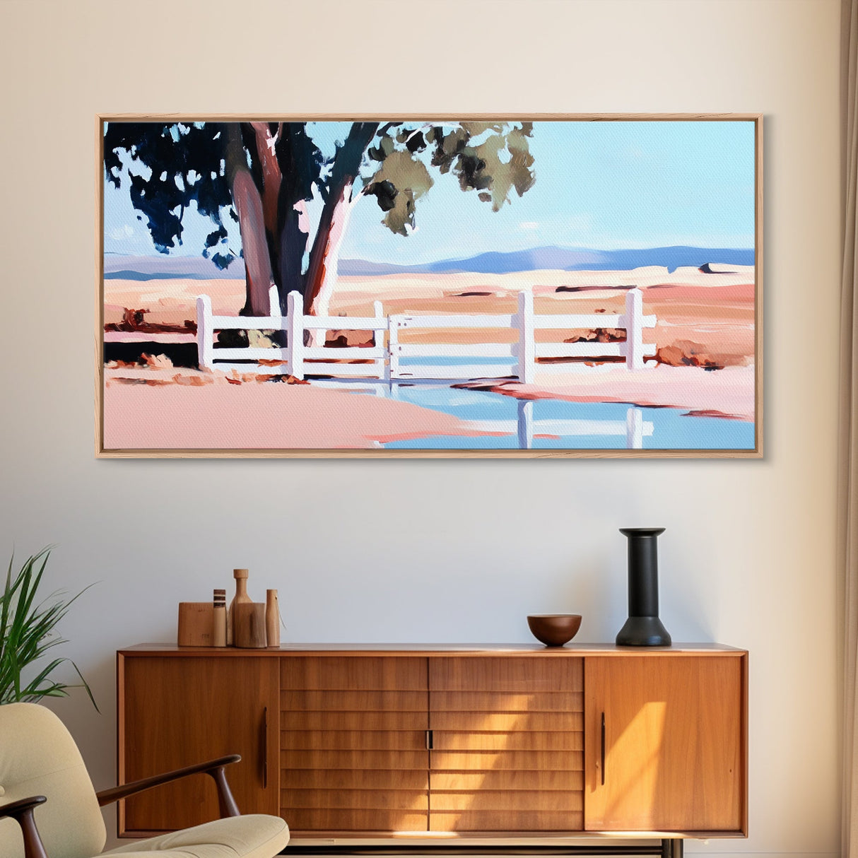 White Fence, Pastoral Landscape Print, Rustic Country Art, Framed Canvas Print, Minimalist Home Decor, Living Room Wall Art