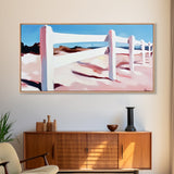 White Fence, Coastal Landscape, Pastel Beach Art, Framed Canvas Print, Minimalist Wall Decor, Ocean View Painting, Summer Art