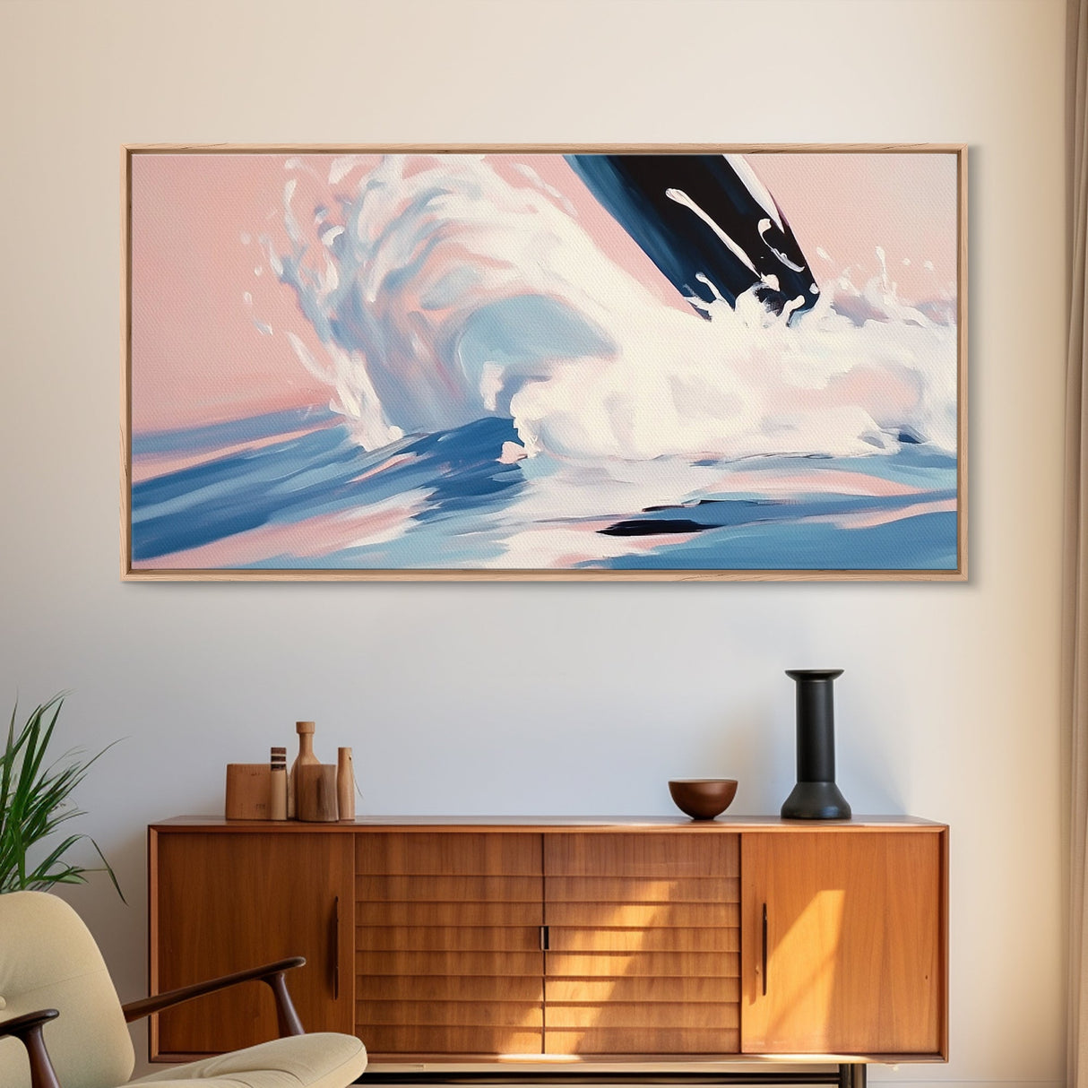 Splashing Wave, Surfer Art, Framed Canvas Print, Ocean Wall Art, Coastal Vibes, Modern Beach Decor, Nautical Artwork, Living Room Art