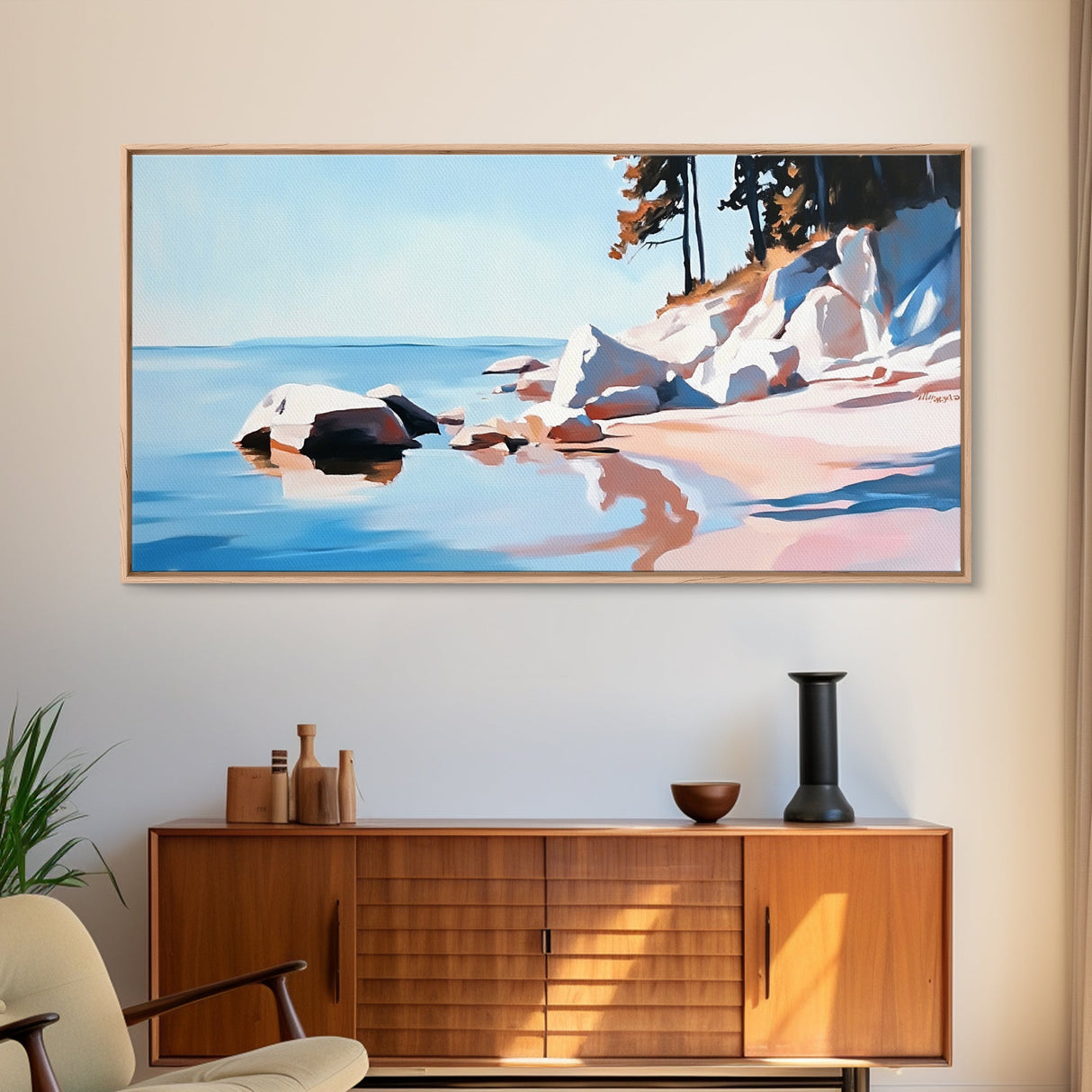 Seaside Escape, Cliffside Beauty, Canvas Print, Modern Coastal Art, Boho Nature Painting, Blue Ocean Decor, Large Wall Art, Living Room