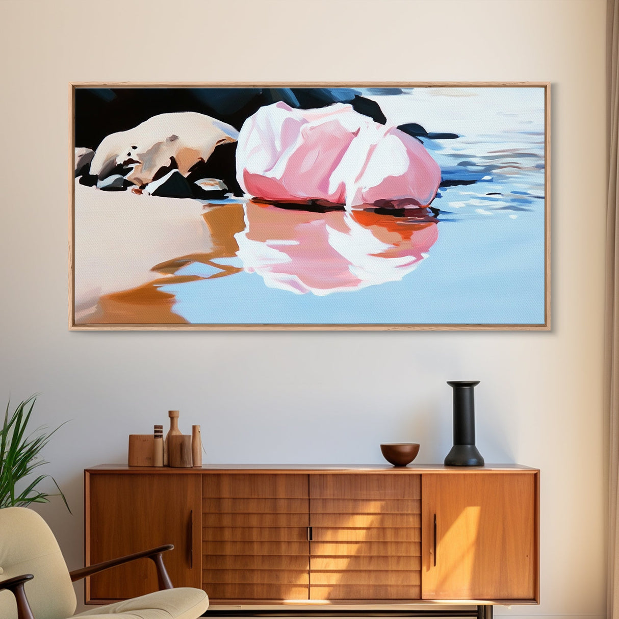 Pink Rock, Water Reflection, Framed Canvas Print, Minimalist Landscape, Nature Aesthetic, Serene Home Decor, Modern Art, Office Wall