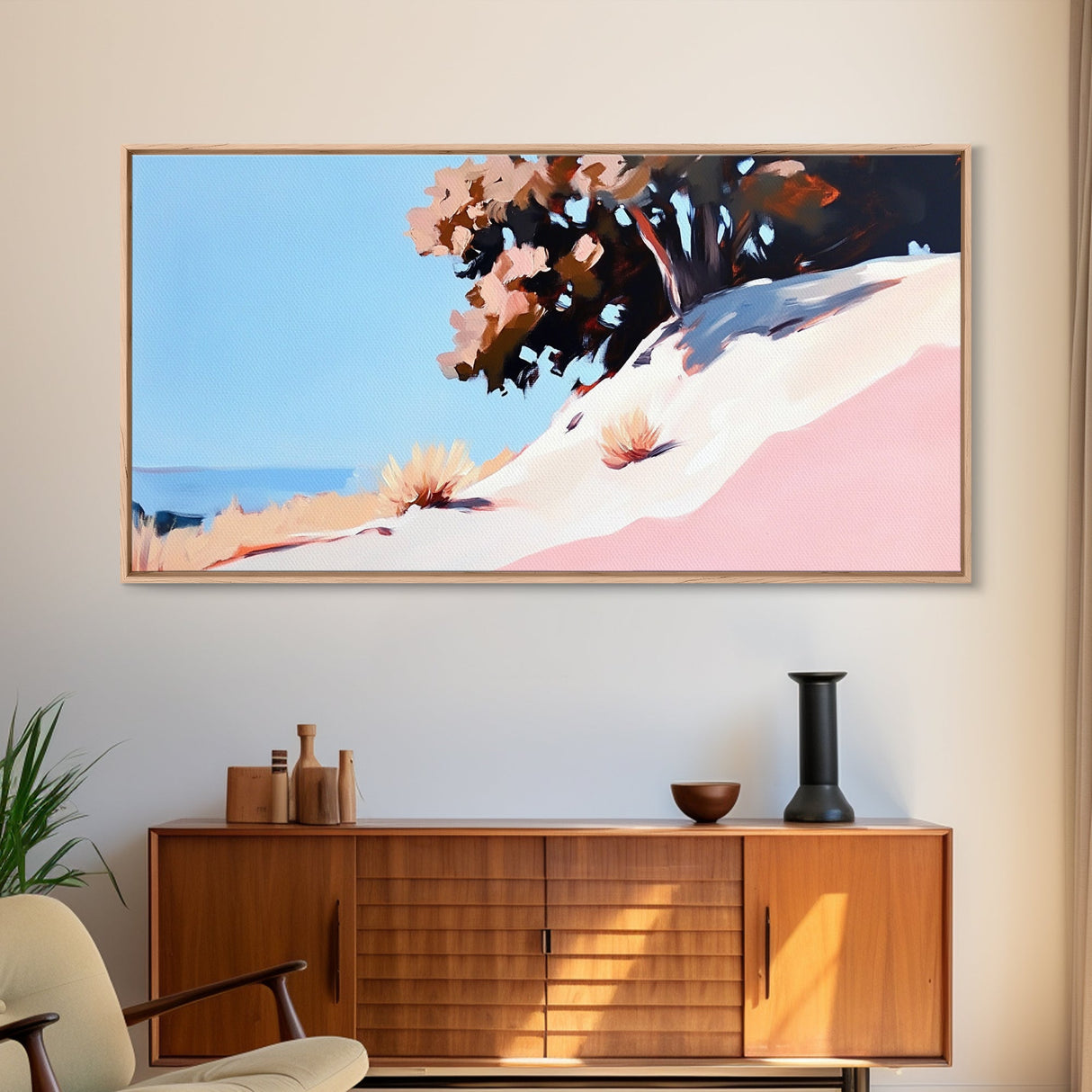 Sunlit Hill, Nature Wall Art, Serene Desert Scene, Warm Earthy Tones, Cozy Boho Decor, Relaxing Landscape Painting, Framed Canvas Print