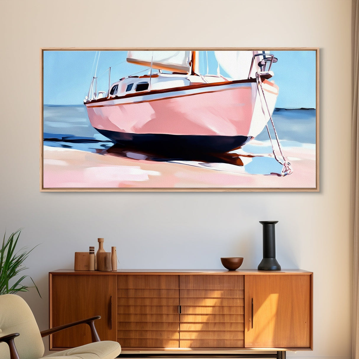 Sailboat Painting, Nautical Wall Art, Coastal Living Decor, Soft Pastel Blue and Pink, Ocean Scene, Beach House Aesthetic, Framed Canvas Print