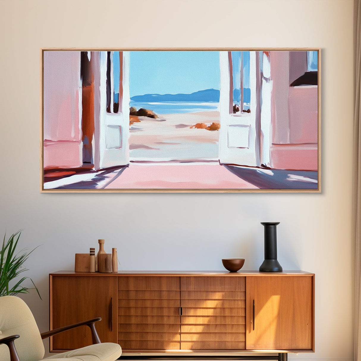 Open Door, Beach View, Coastal Escape, Minimalist Decor, Framed Canvas Print, Neutral Art, Living Room Wall Art, Boho Beach House Art