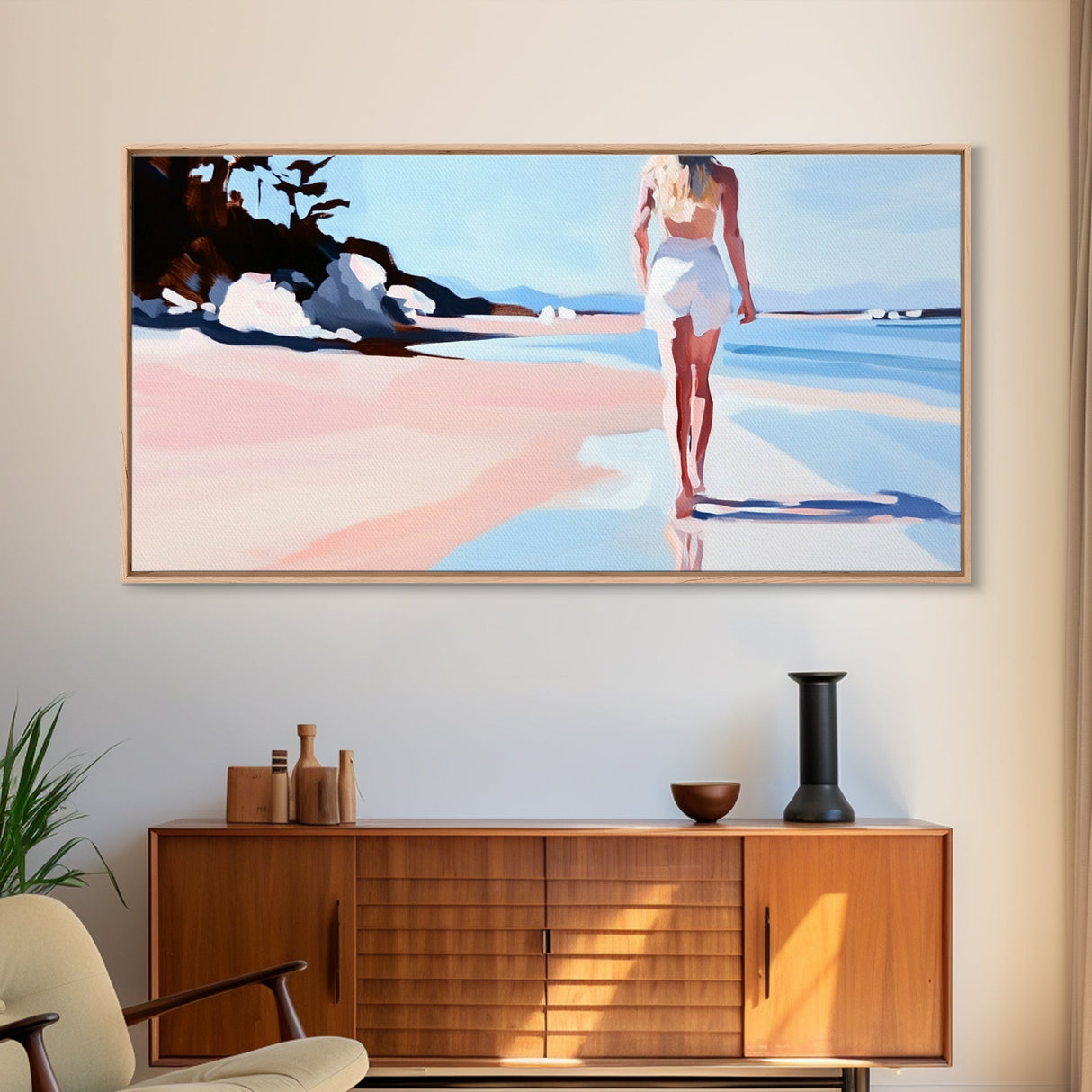 Walking Beach, Ocean View, Coastal Serenity, Tranquil Scene, Framed Canvas Print, Minimalist Decor, Boho Art, Bedroom Wall Art