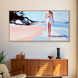 Walking Beach, Ocean View, Coastal Serenity, Tranquil Scene, Framed Canvas Print, Minimalist Decor, Boho Art, Bedroom Wall Art
