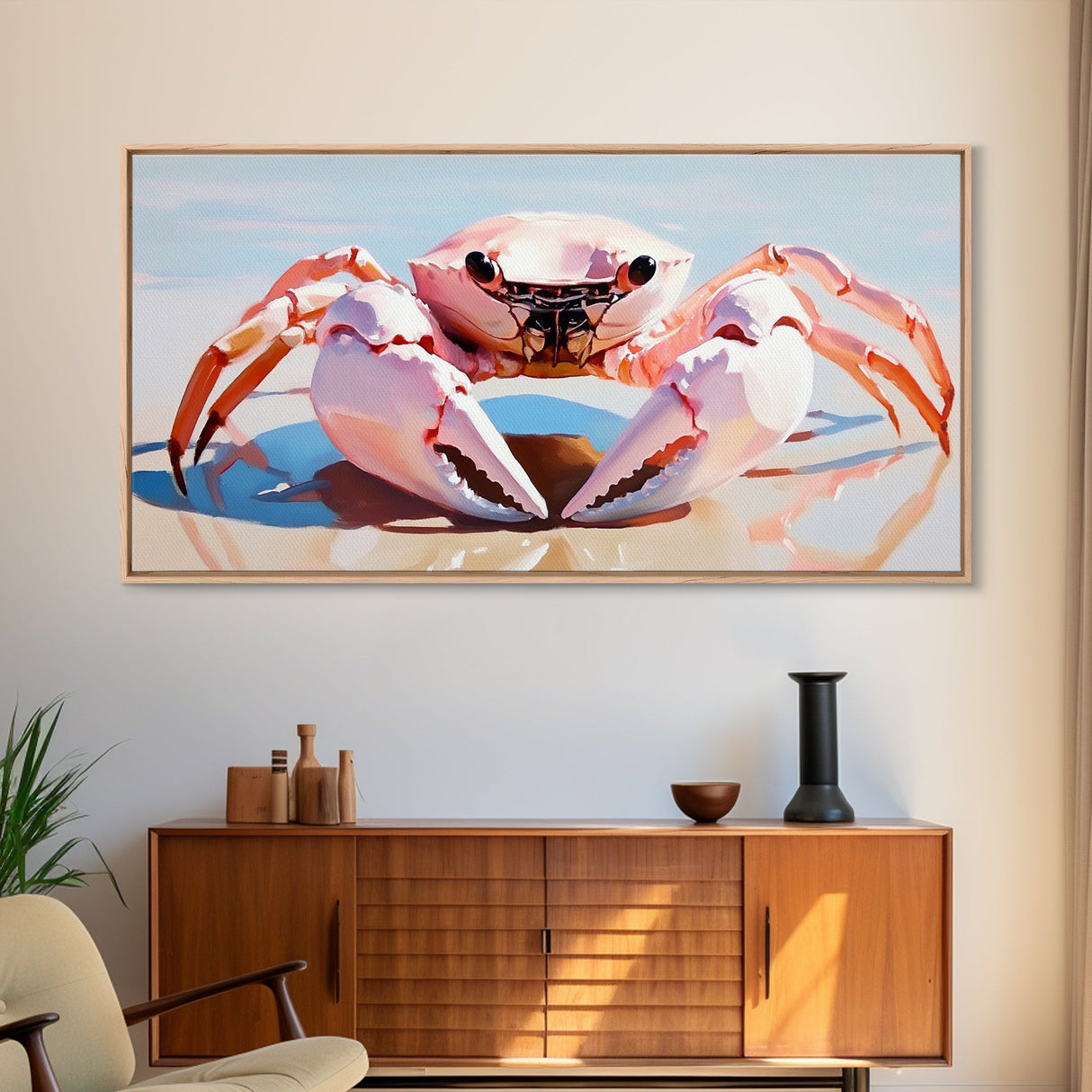 Pink Crab, Coastal Wildlife, Beach Art, Nautical Theme, Framed Canvas Print, Seaside Decor, Ocean Wall Art, Minimalist Animal Painting