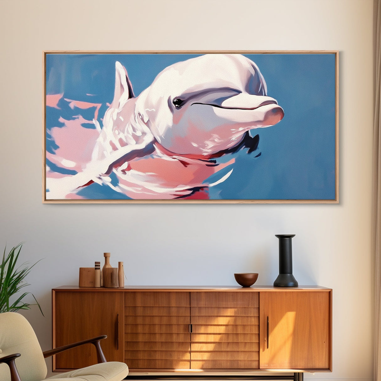 Playful Dolphin, Ocean Wildlife Art, Nautical Theme, Marine Life Decor, Coastal Animal Print, Minimalist Blue Art, Canvas Print, Kids Room