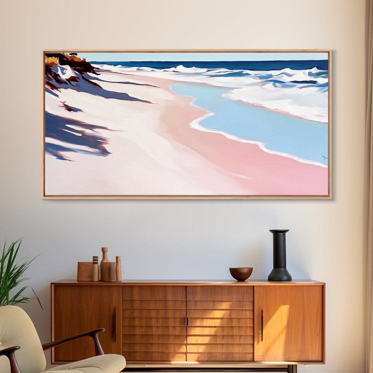 Ocean Waves, Coastal Retreat, Sandy Shore, Seaside Serenity, Framed Canvas Print, Beach House Decor, Living Room Wall Art, Nautical Theme