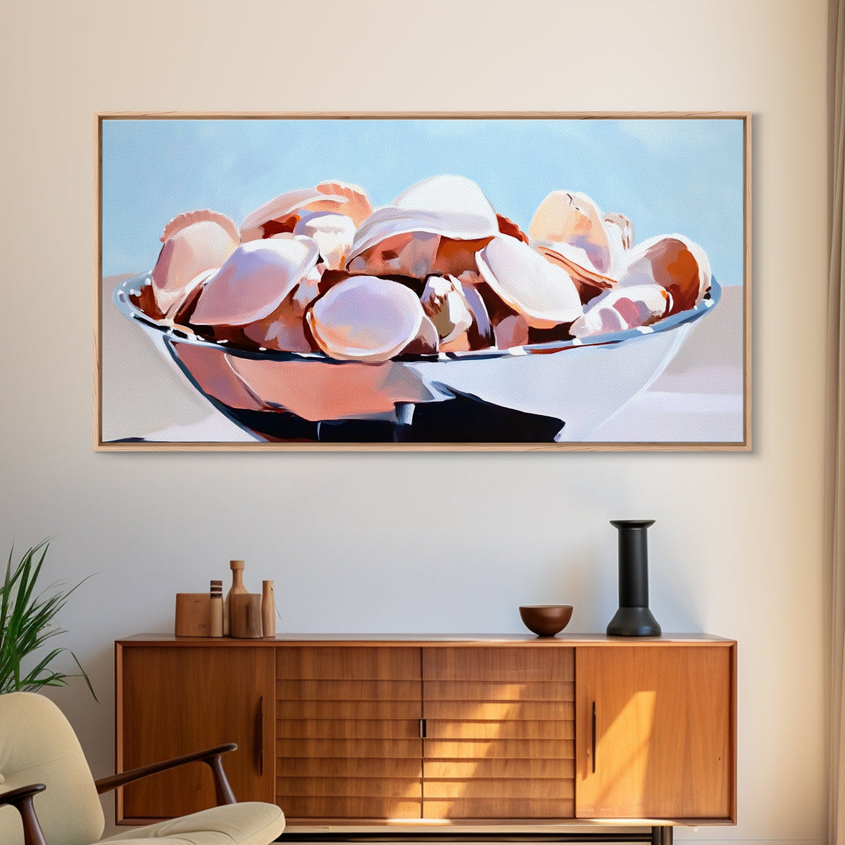 Seashell Bowl, Coastal Still Life, Beach House Decor, Ocean Aesthetic, Nautical Kitchen Wall Art, Minimalist Art, Canvas Print, Summer Vibes