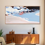 Winter River Scene, Snowy Landscape, Blue Wall Art, Modern Framed Canvas Print, Living Room Decor, Minimalist Nature Painting