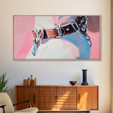 Leather Belt, Western Fashion, Modern Cowboy Art, Chic Home Decor, Framed Canvas Print, Minimalist Pink and Blue Wall Art