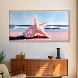 Starfish on Beach, Coastal Wall Art, Ocean Inspired Decor, Nautical Framed Canvas Print, Blue and Pink Summer Vibes Artwork