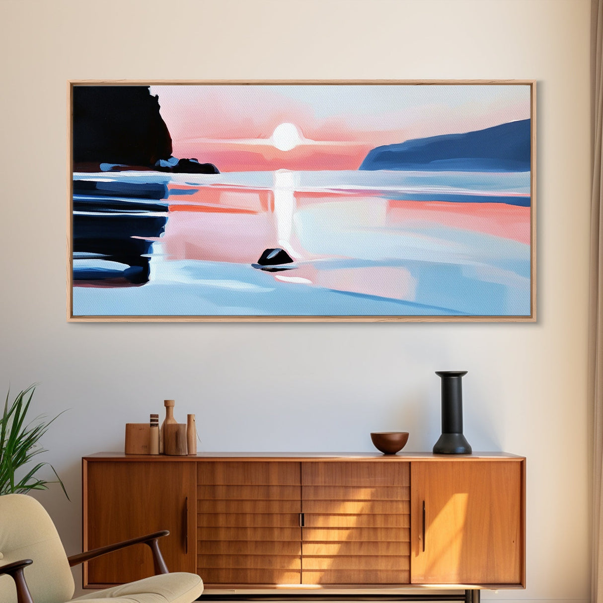 Sunset Glow, Coastal Waves, Framed Canvas Print, Minimalist Seascape, Ocean Sunset Art, Living Room Decor, Beach Aesthetic