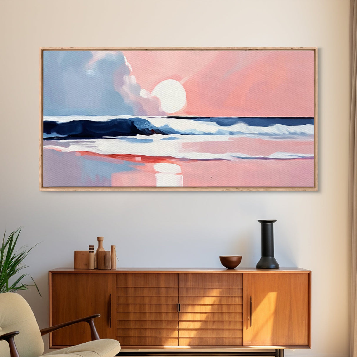 Tranquil Beach, Soft Tones, Framed Canvas Print, Pastel Seascape, Serene Wall Art, Calming Bedroom Decor, Ocean Painting