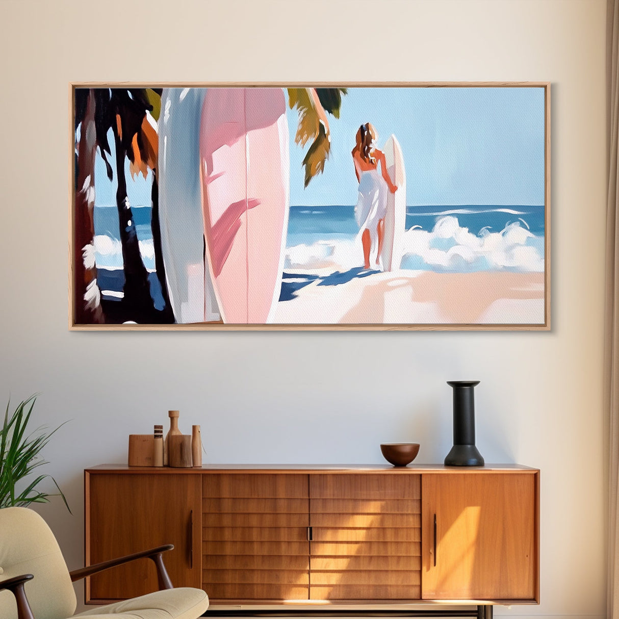 Surfer Girl, Coastal Art, Framed Canvas Print, Beach Wall Decor, Tropical Aesthetic, Ocean Painting, Summer Vibes, Modern Home Art