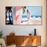 Surfer Girl, Coastal Art, Framed Canvas Print, Beach Wall Decor, Tropical Aesthetic, Ocean Painting, Summer Vibes, Modern Home Art