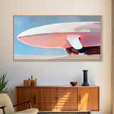 Surfboard Still Life, Minimalist Art, Framed Canvas Print, Ocean Decor, Beach House Wall Art, Soft Pastel Painting, Coastal Vibes