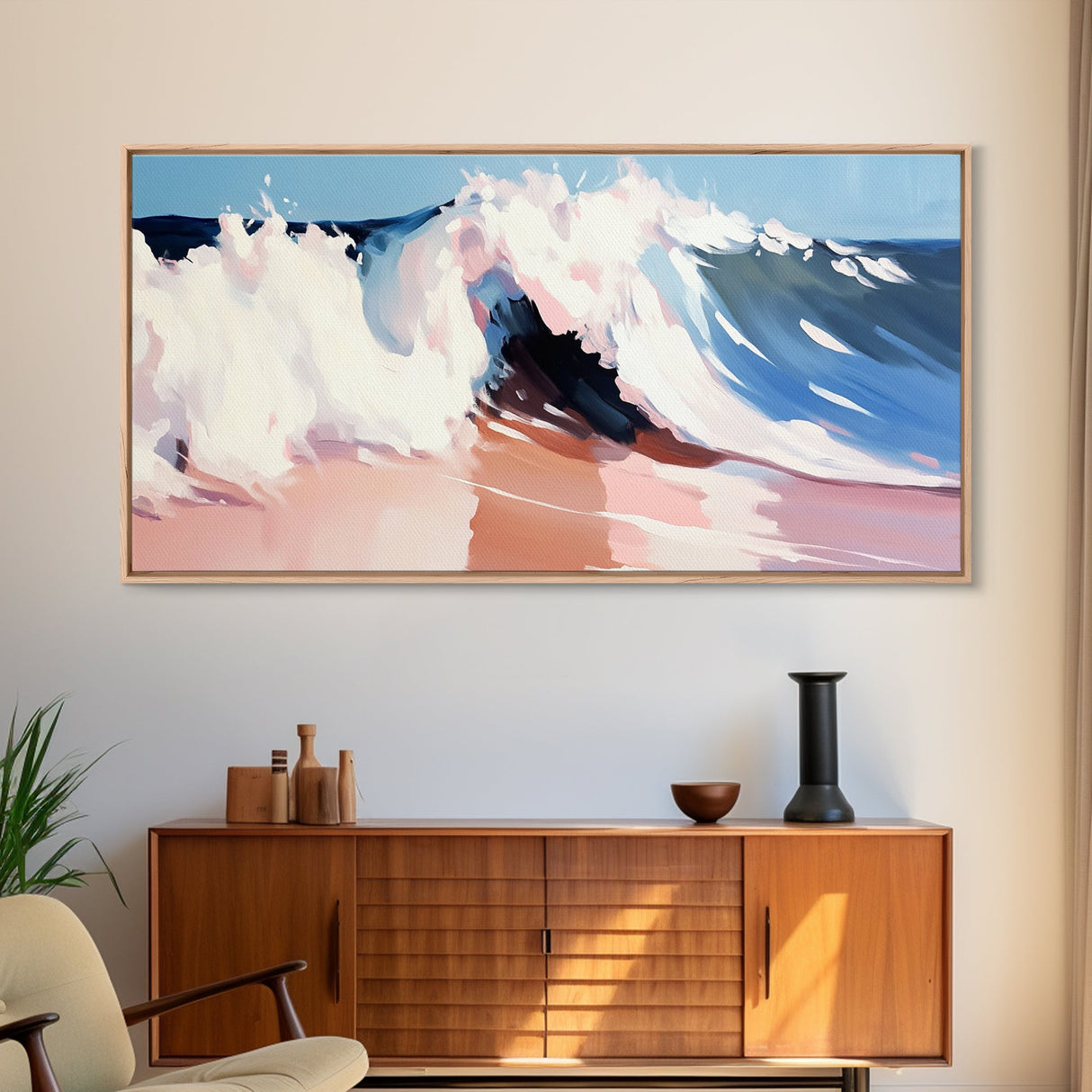 Tidal Wave, Beach Art, Framed Canvas Print, Surfer Decor, Minimalist Coastal Aesthetic, Pastel Ocean Scene, Living Room Wall Art