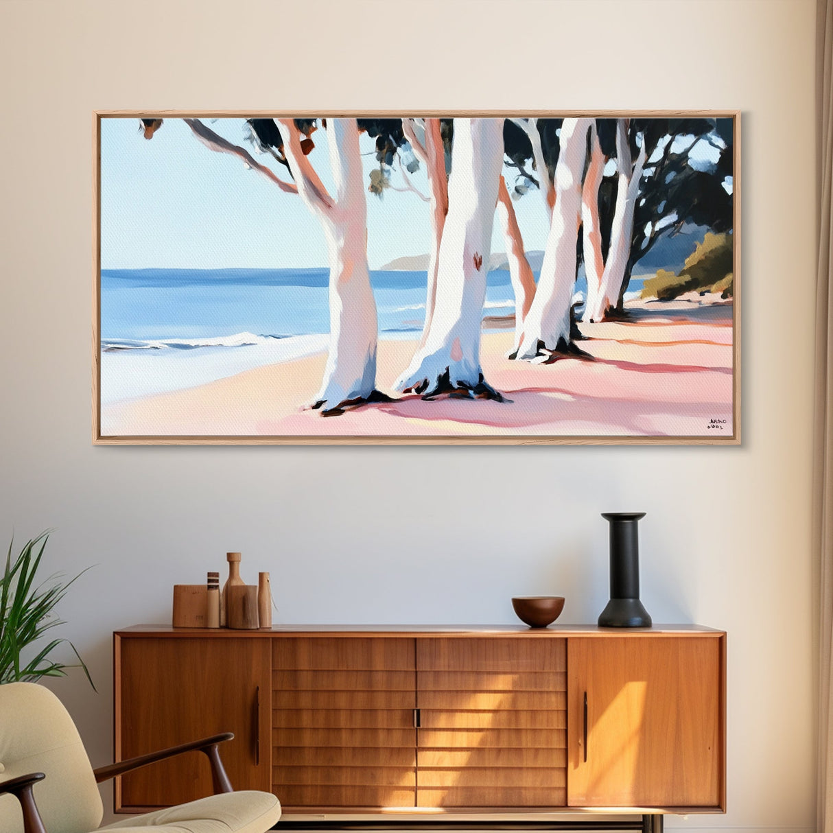 Eucalyptus Grove, Coastal Path, Sunlit Trees, Relaxing Beach Scene, Natural Beauty, Soft Pastel Tones, Modern Home, Canvas Print