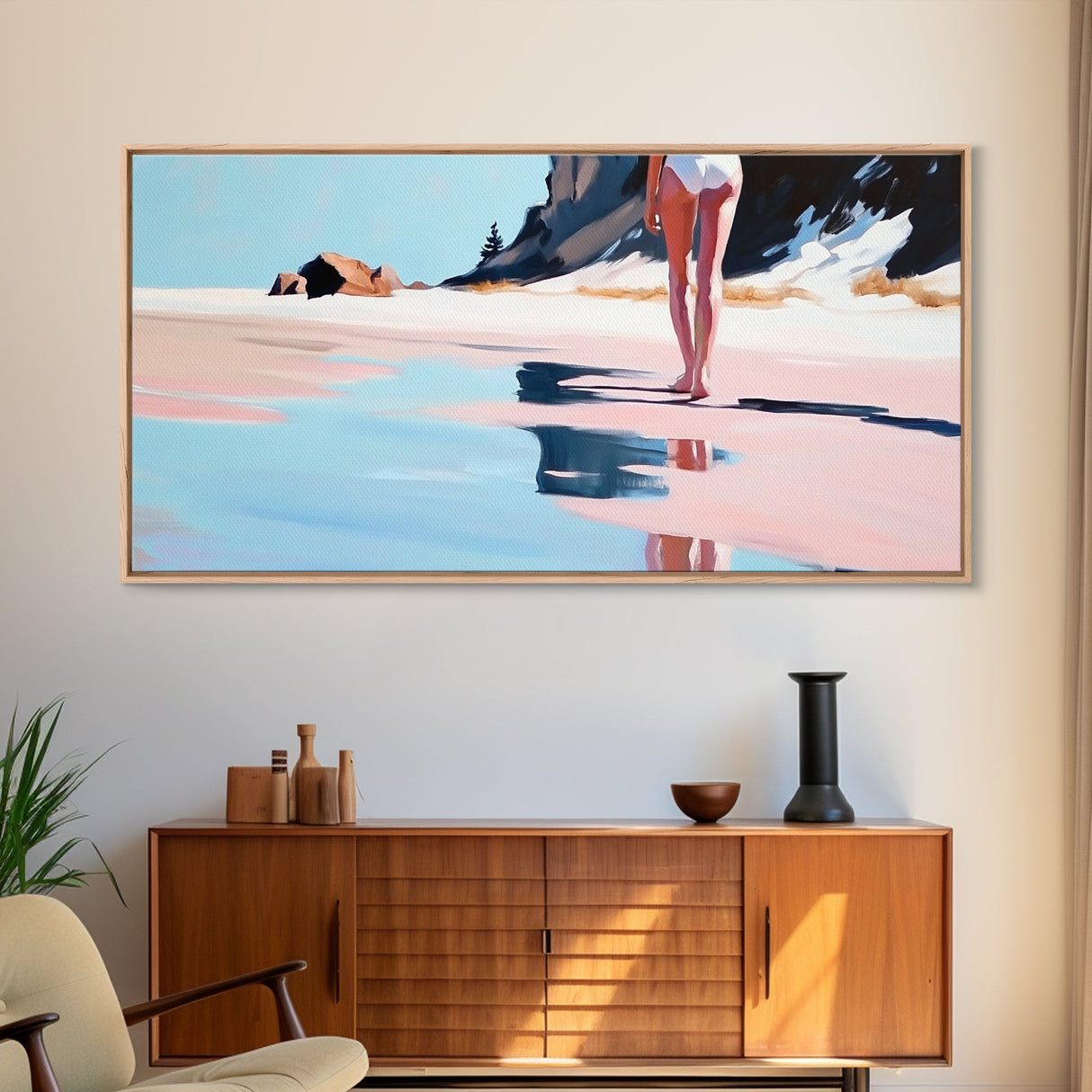 Woman, Reflection, Shoreline, Framed Canvas Print, Feminine Art, Modern Minimalist, Relaxing Home Decor, Pastel Coastal Painting