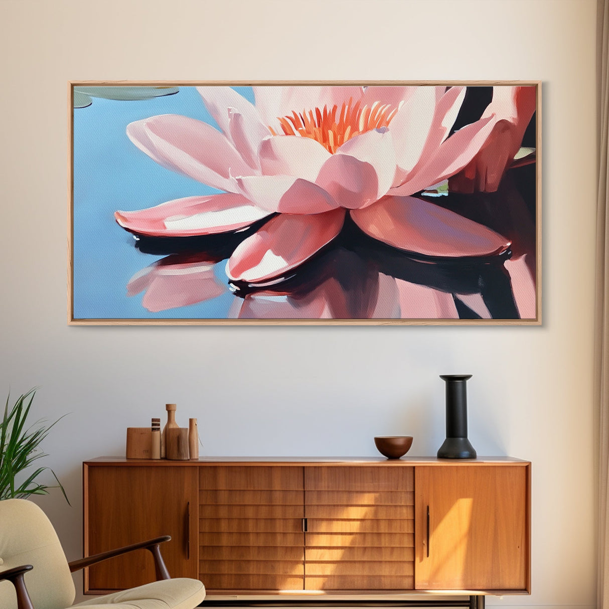 Lotus, Reflection, Blue Water, Framed Canvas Print, Floral Art, Zen Decor, Meditation Wall Art, Modern Botanical, Serene Home Decor