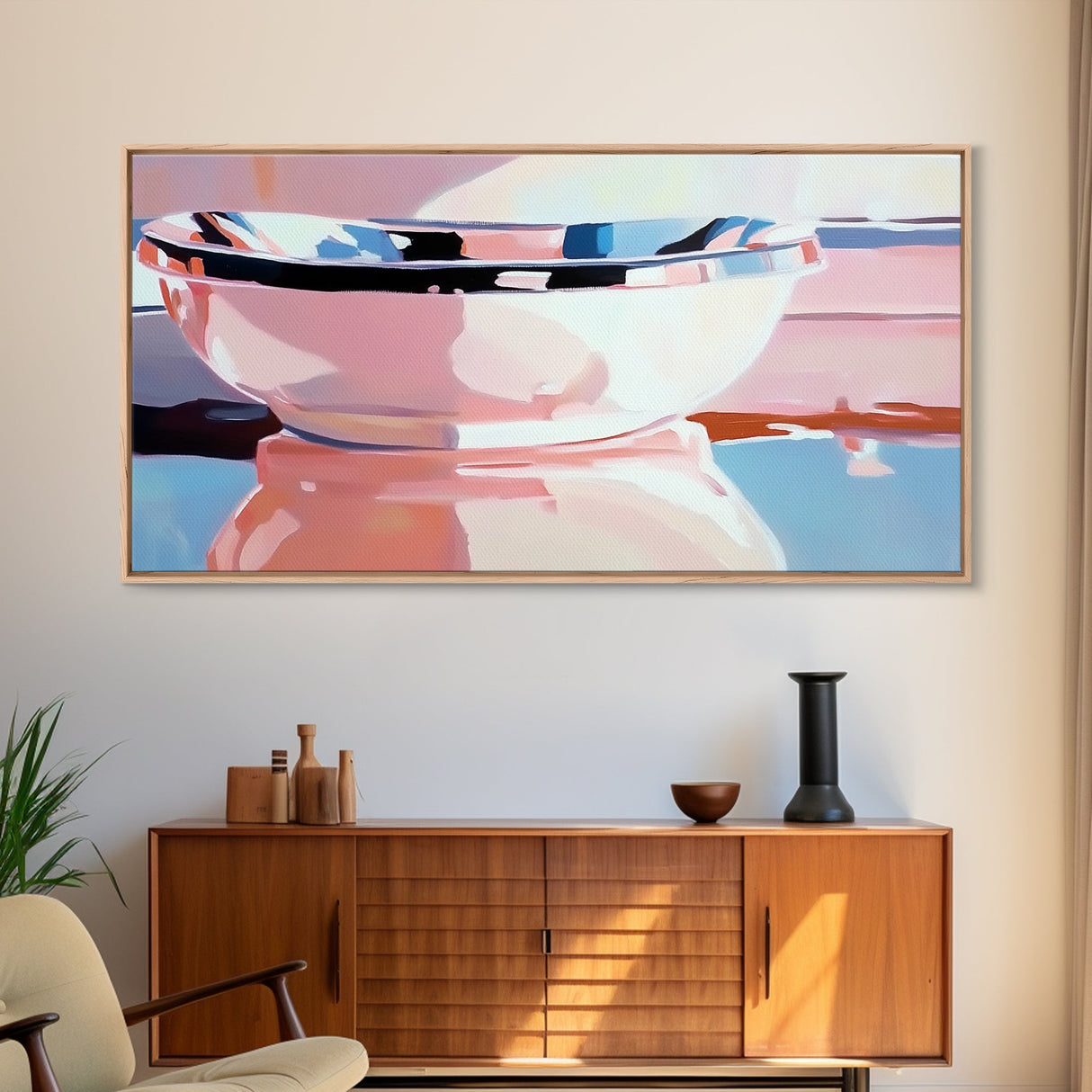 Reflections, Modern Bowl, Kitchen Wall Art, Minimalist Still Life, Pink Aesthetic, Framed Canvas Print, Abstract Home Decor, Pastel Art