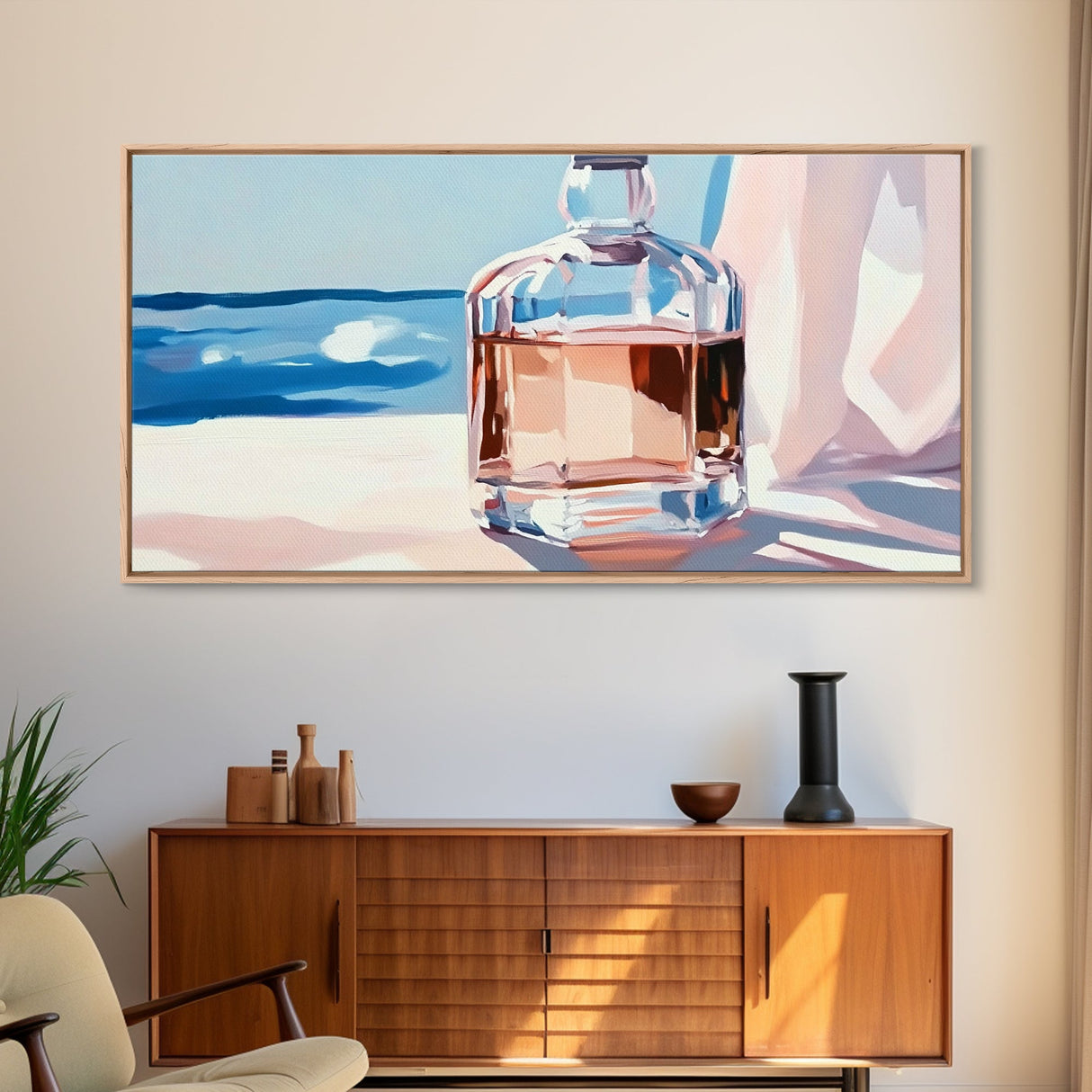 Glass Bottle, Ocean View, Beach House Decor, Coastal Aesthetic, Elegant Still Life, Framed Canvas Print, Pastel Home Decor, Tranquil Art