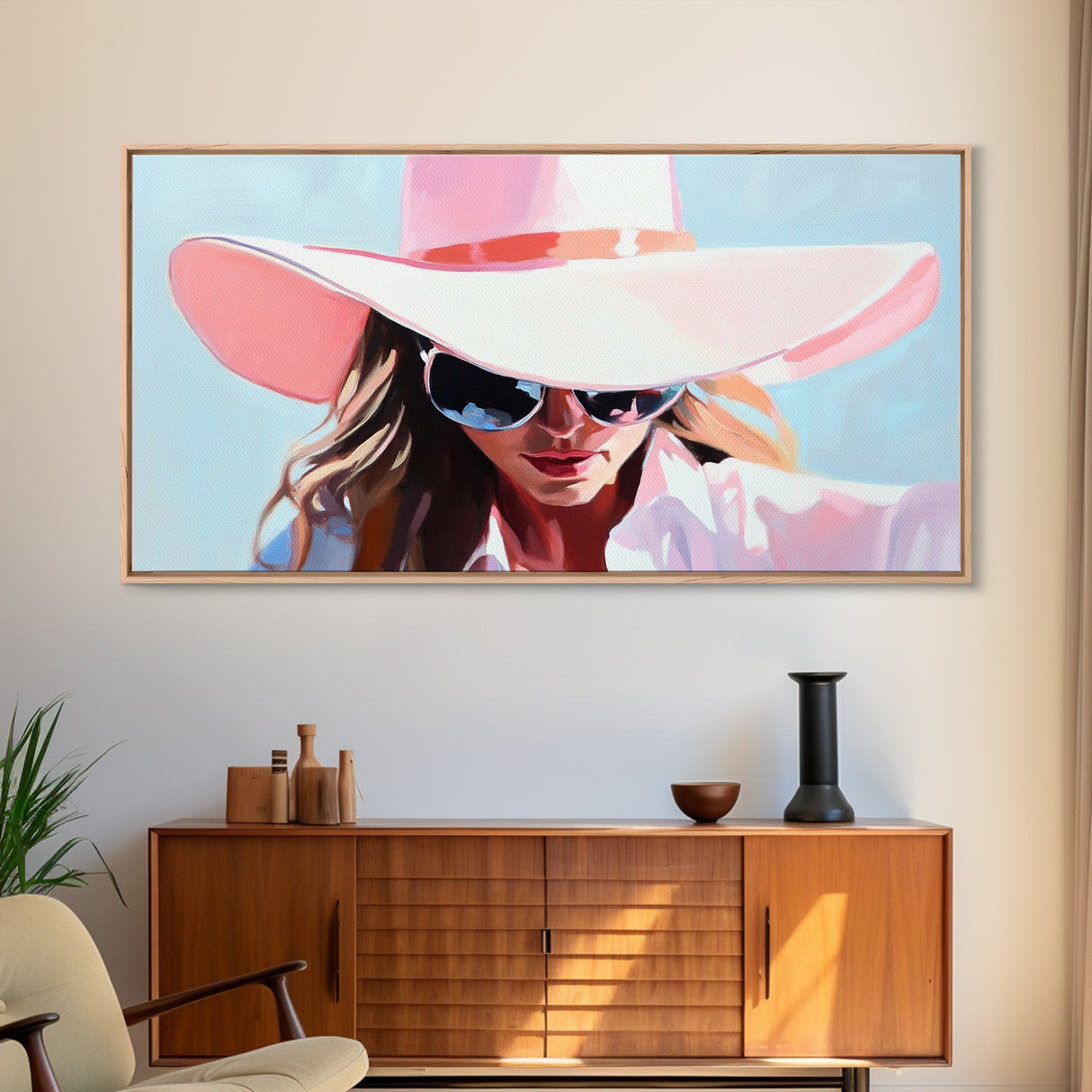 Woman Stylish Hat, Fashion Illustration, Chic Wall Art, Modern Glamour Decor, Framed Canvas Print, Elegant Portrait, Pastel Aesthetic