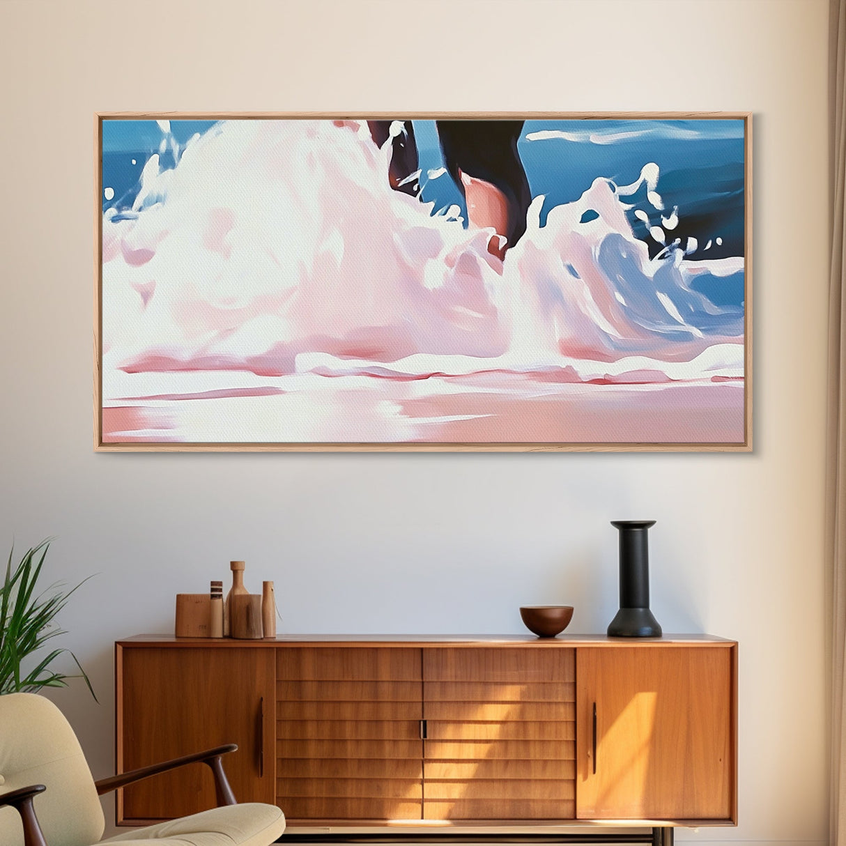 Ocean Waves, Beach Water Art, Summer Coastal Decor, Pink and Blue Painting, Framed Canvas Print, Minimalist Wall Art, Relaxing Vibes