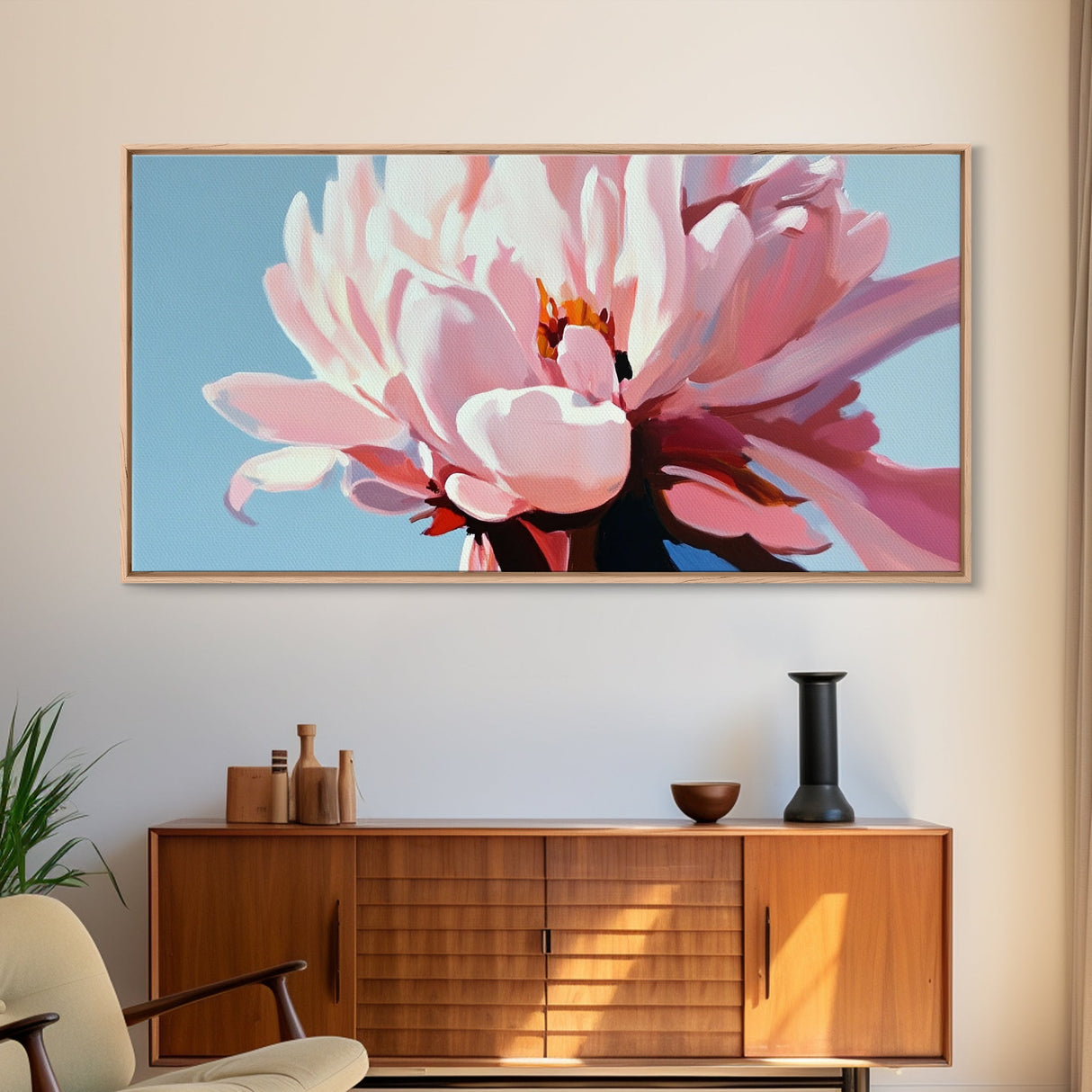 Peony Bloom, Floral Wall Art, Feminine Aesthetic, Modern Minimalist, Blush Pink Painting, Framed Canvas Print, Bedroom or Office Decor