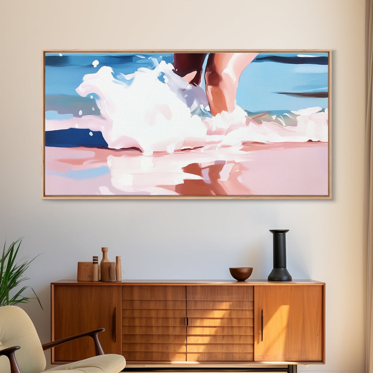 Ocean Waves, Coastal Beach Art, Water Splash Photography, Summer Boho Print, Blue and Pink Pastel Tones, Framed Canvas Print, Bathroom Art