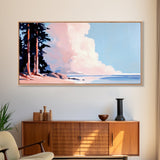 Seaside Pines, Coastal View, Tranquil Landscape, Canvas Print, Nature Wall Art, Beach House Decor, Living Room Art, Blue Minimalist Art