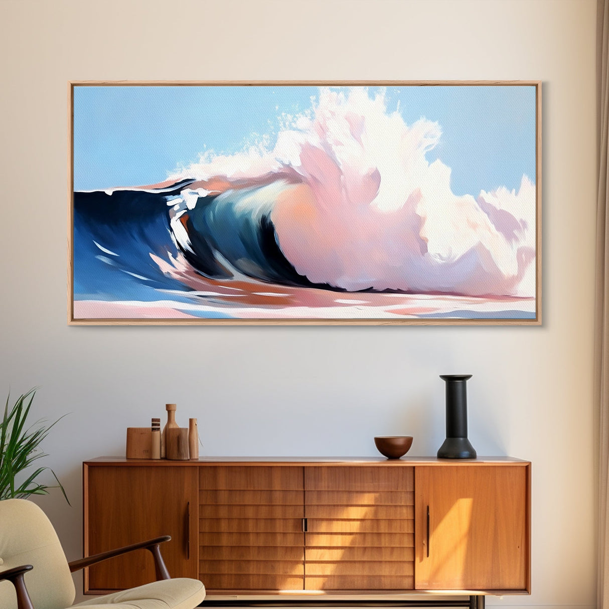 Ocean Wave, Surf Art, Beach Vibes, Coastal Decor, Framed Canvas Print, Modern Seascape, Blue and Pink Wave Art, Contemporary Wall Art