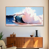 Ocean Wave, Surf Art, Beach Vibes, Coastal Decor, Framed Canvas Print, Modern Seascape, Blue and Pink Wave Art, Contemporary Wall Art
