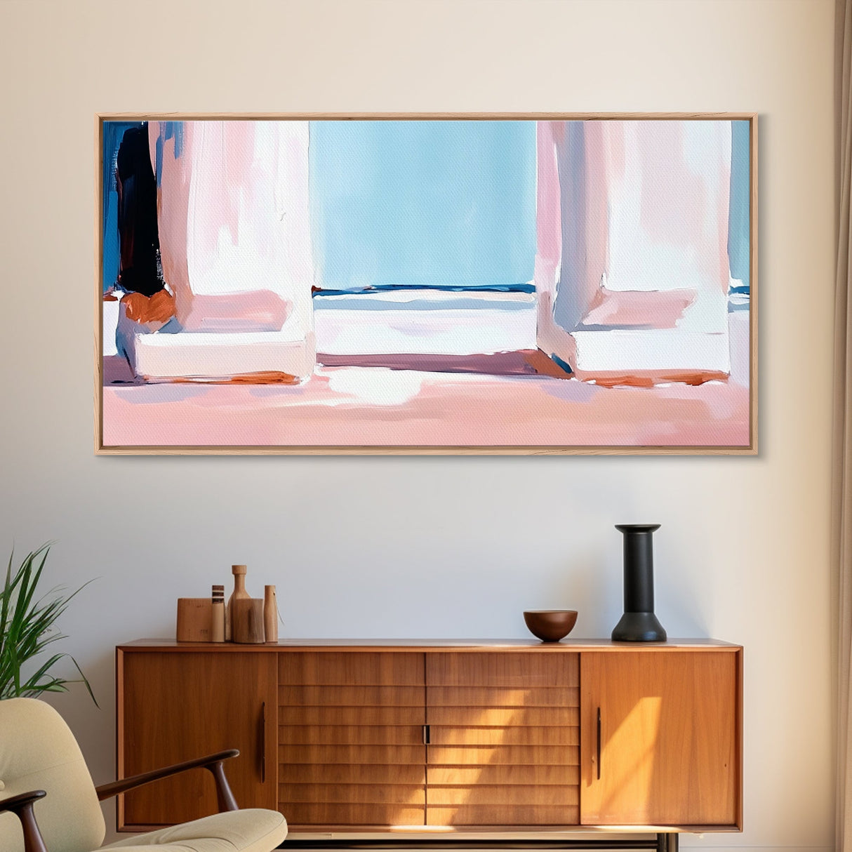 Window View, Coastal Dream, Minimalist Seascape, Pastel Home Decor, Beach Aesthetic, Living Room Wall Art, Modern Art, Framed Canvas Print