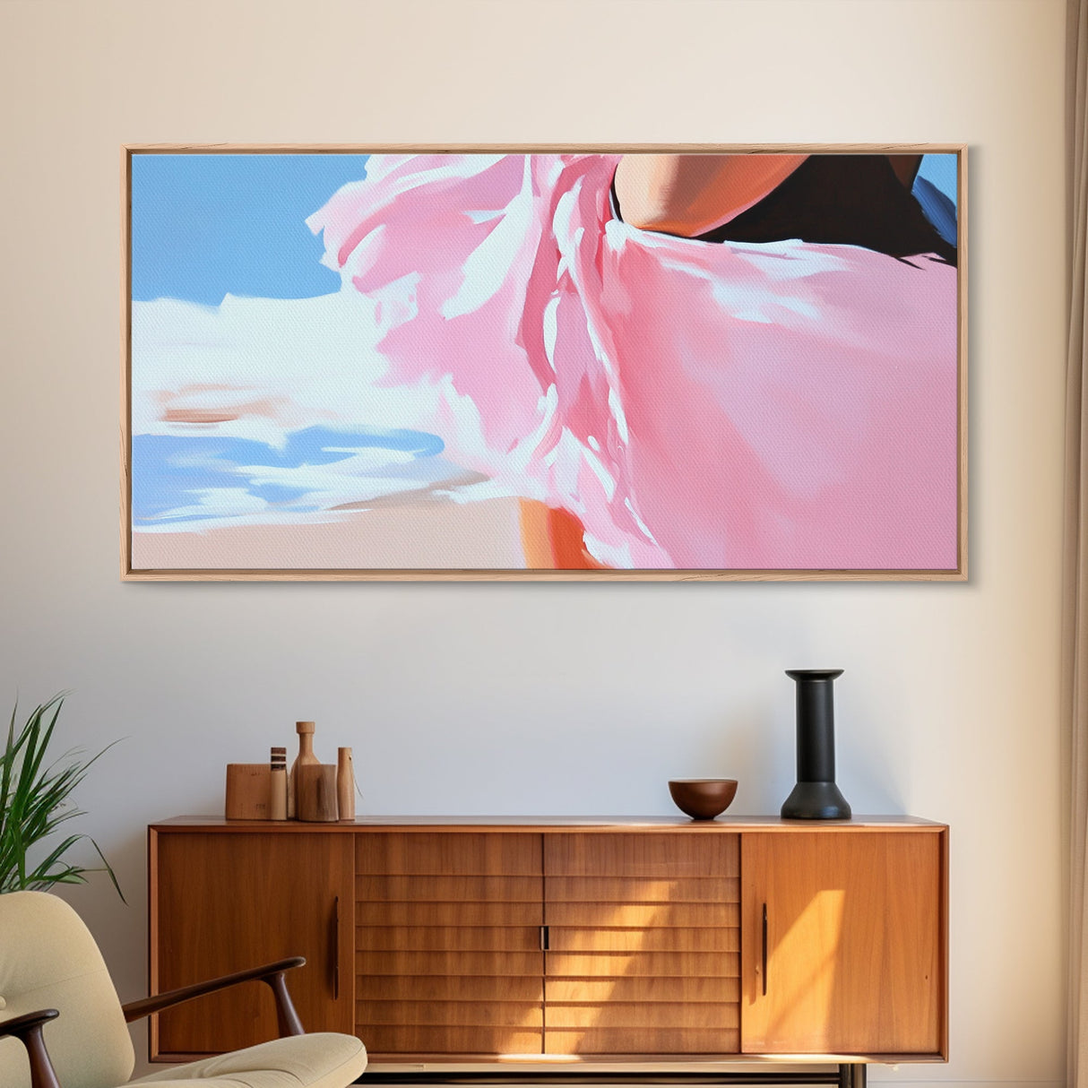 Flowing Dress, Beach Wind, Feminine Elegance, Fashion Wall Art, Framed Canvas Print, Ocean Breeze, Modern Home Decor, Soft Pink Aesthetic