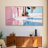 Pink Villa, Poolside View, Tropical Retreat, Canvas Print, Mediterranean Art, Vacation Home Decor, Palm Tree Wall Art, Resort Aesthetic