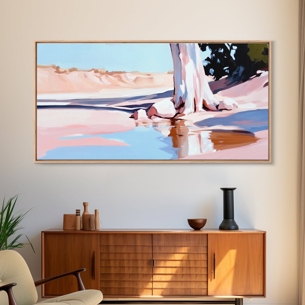 Desert Oasis, Lone Tree, Tranquil Reflection, Canvas Print, Southwestern Art, Earthy Color Palette, Minimalist Nature, Living Room Wall Art