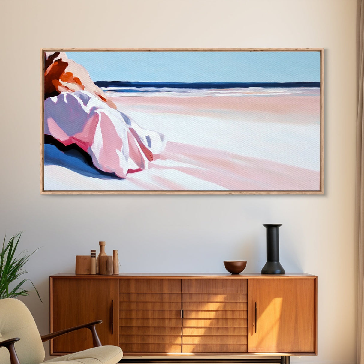 Woman in Pink, Beachside Relaxation, Canvas Print, Summer Aesthetic, Feminine Wall Art, Minimalist Seascape, Pastel Color Palette